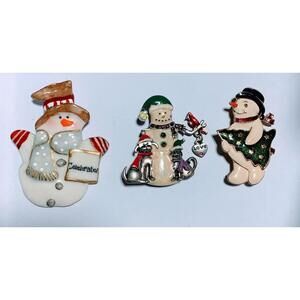 Lot Of 3 Vintage 1990s Enamel Gold & Silver Toned Snowman Brooches 1 Signed TC